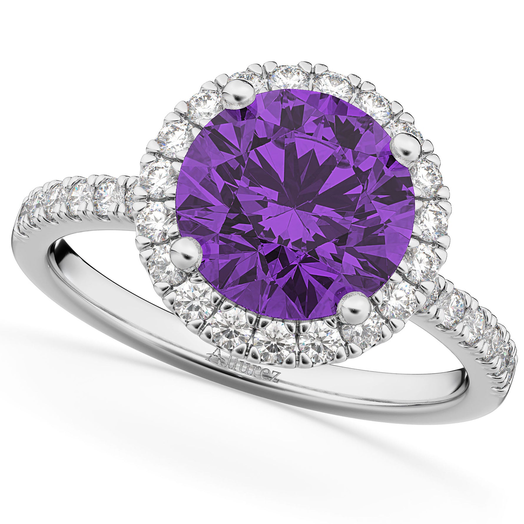 Halo Diamond & Round Amethyst Bridal Set in 14k White Gold (2.57ct) Top View