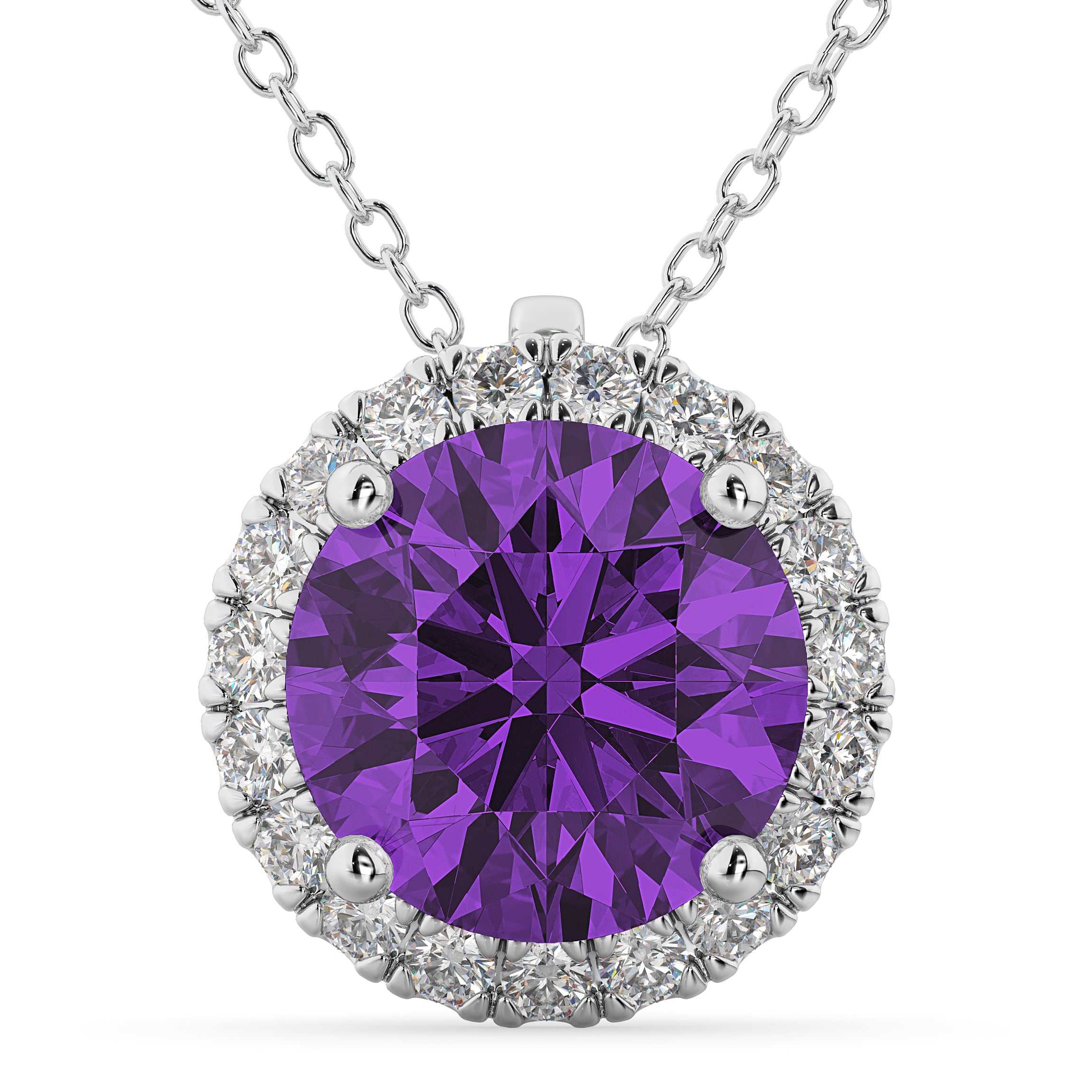 Halo Diamond & Round Amethyst Necklace in 14k White Gold (2.09ct) Front View
