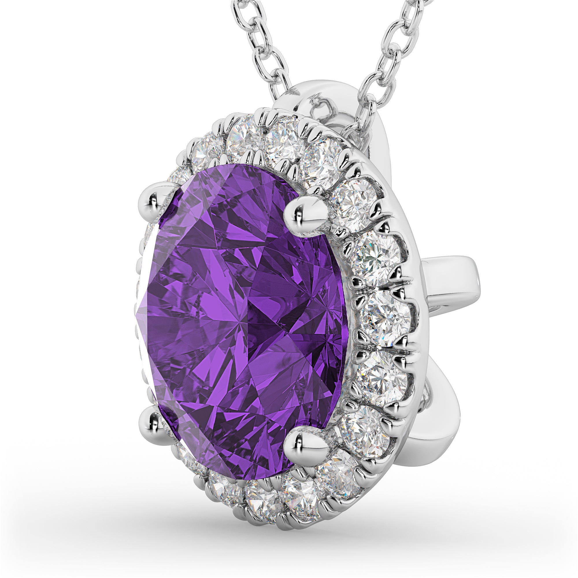Halo Diamond & Round Amethyst Necklace in 14k White Gold (2.09ct) Side View