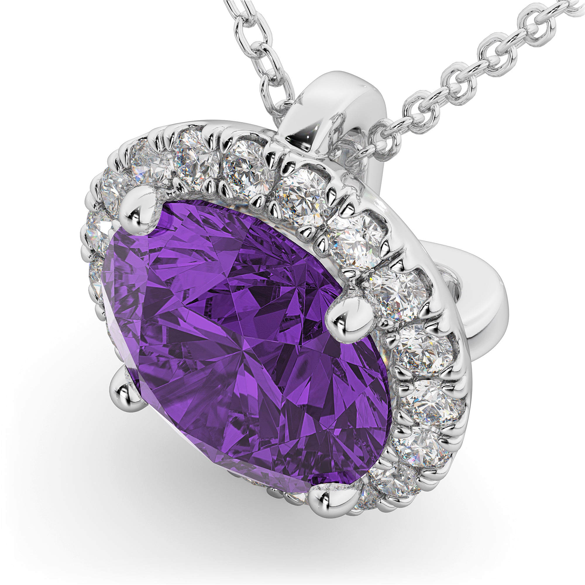Halo Diamond & Round Amethyst Necklace in 14k White Gold (2.09ct) Top View