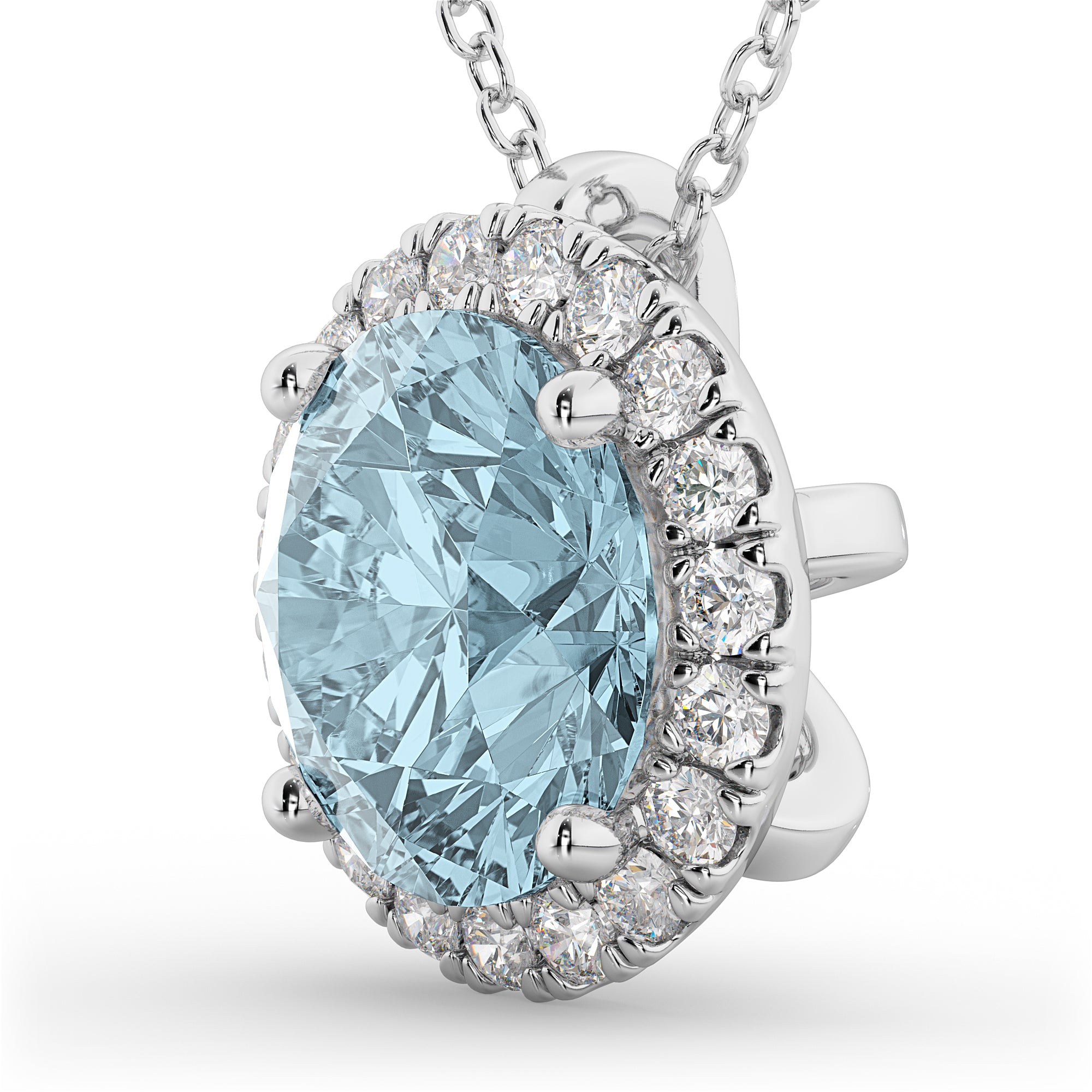 Halo Round Aquamarine & Diamond Pendant Necklace in 14K White Gold (2.69ct) – March Birthstone Fine Jewelry Gift for Women Side View