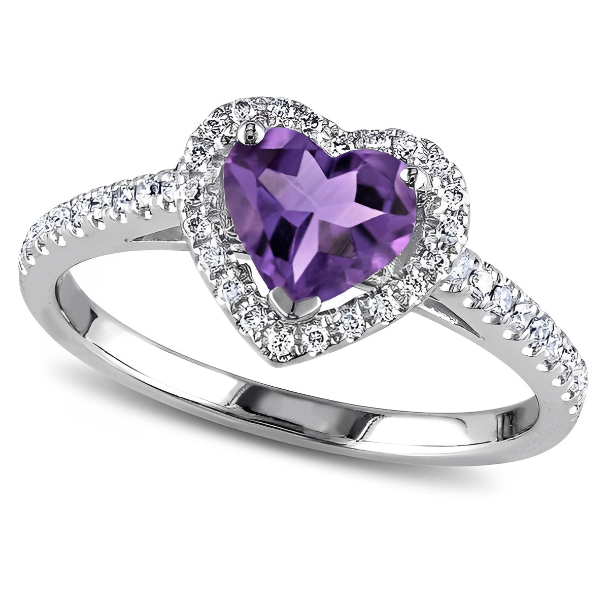Halo Diamond & Heart Amethyst Ring in 14k White Gold (1.50ct) Top View