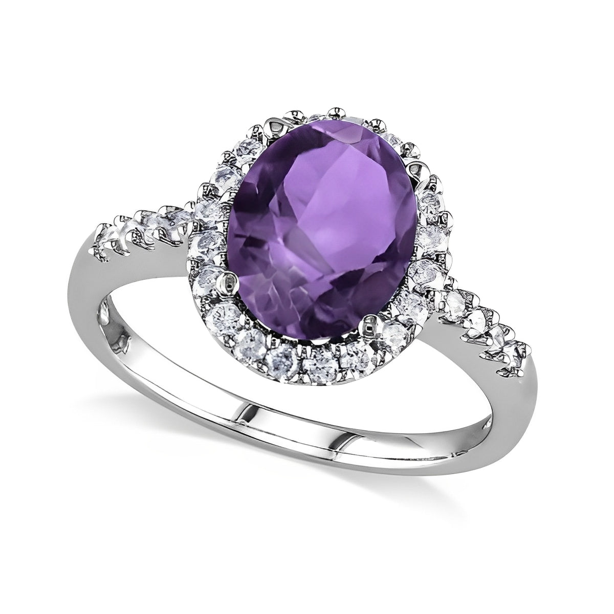 Halo Diamond & Oval Amethyst Ring in 14k White Gold (2.82ct) Top View