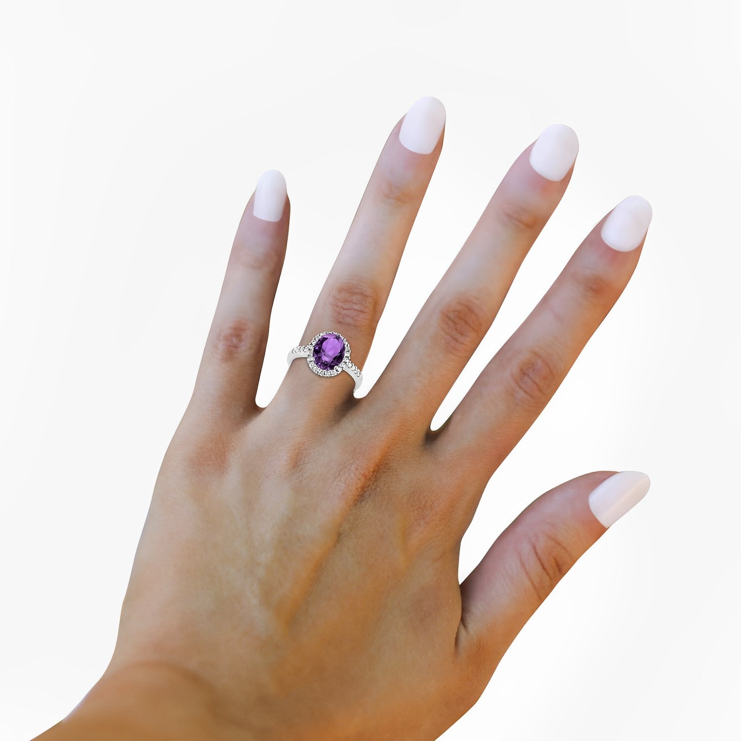Halo Diamond & Oval Amethyst Ring in 14k White Gold (2.82ct) when Worn