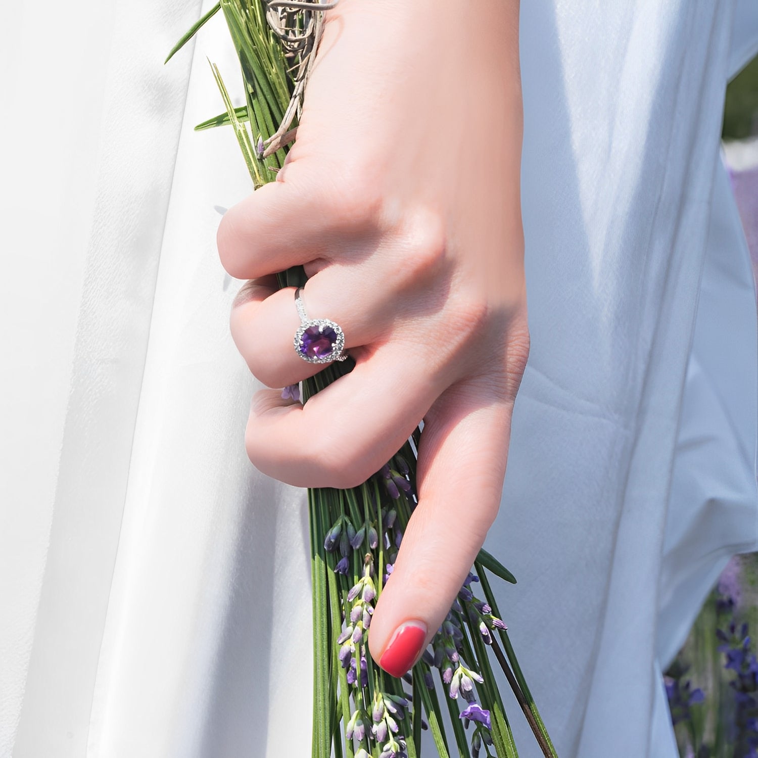 Halo Diamond & Oval Amethyst Ring in 14k White Gold (2.82ct) when Worn 3