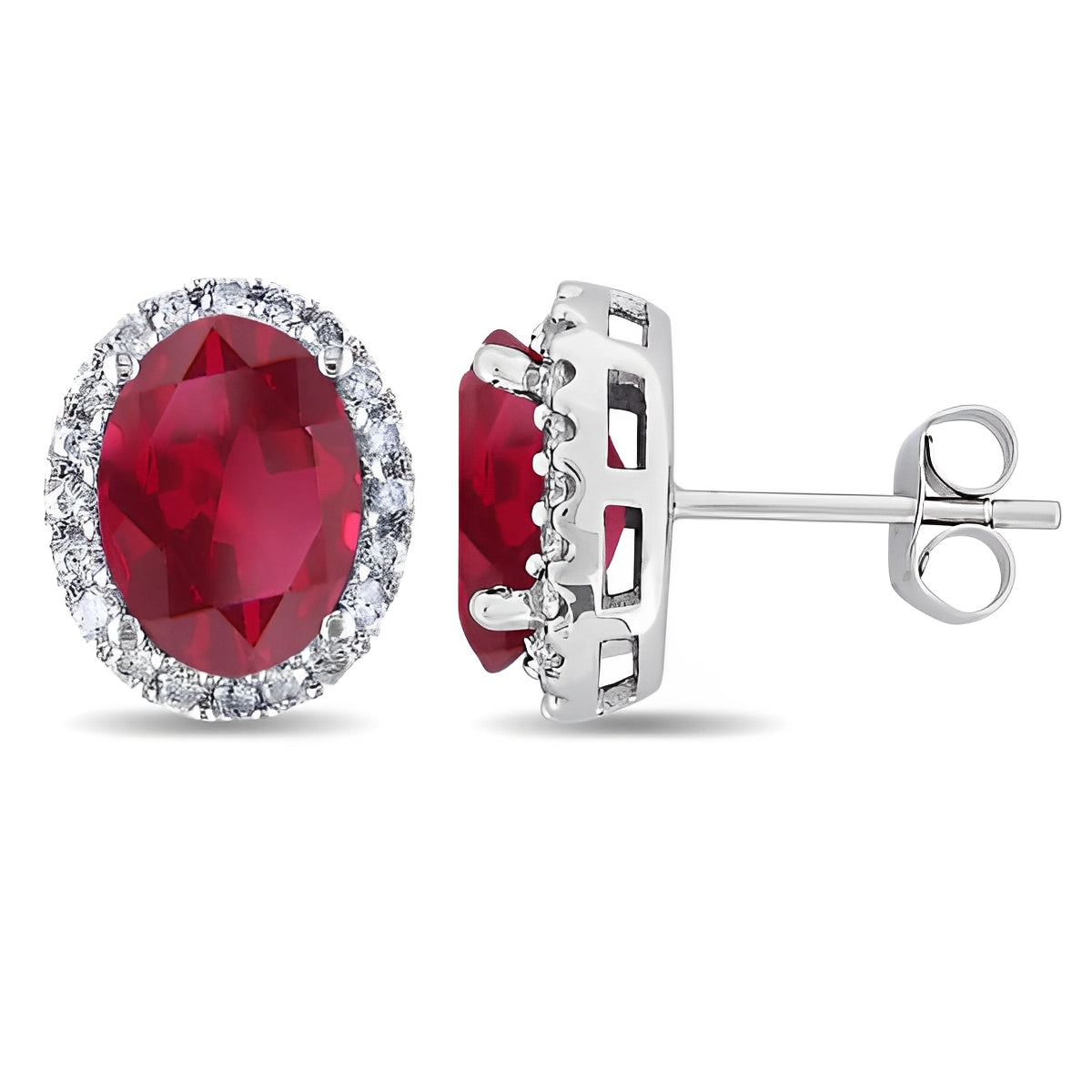 Halo Diamond & Oval Ruby Stud Earrings 14k White Gold 4.80ct Front Side View