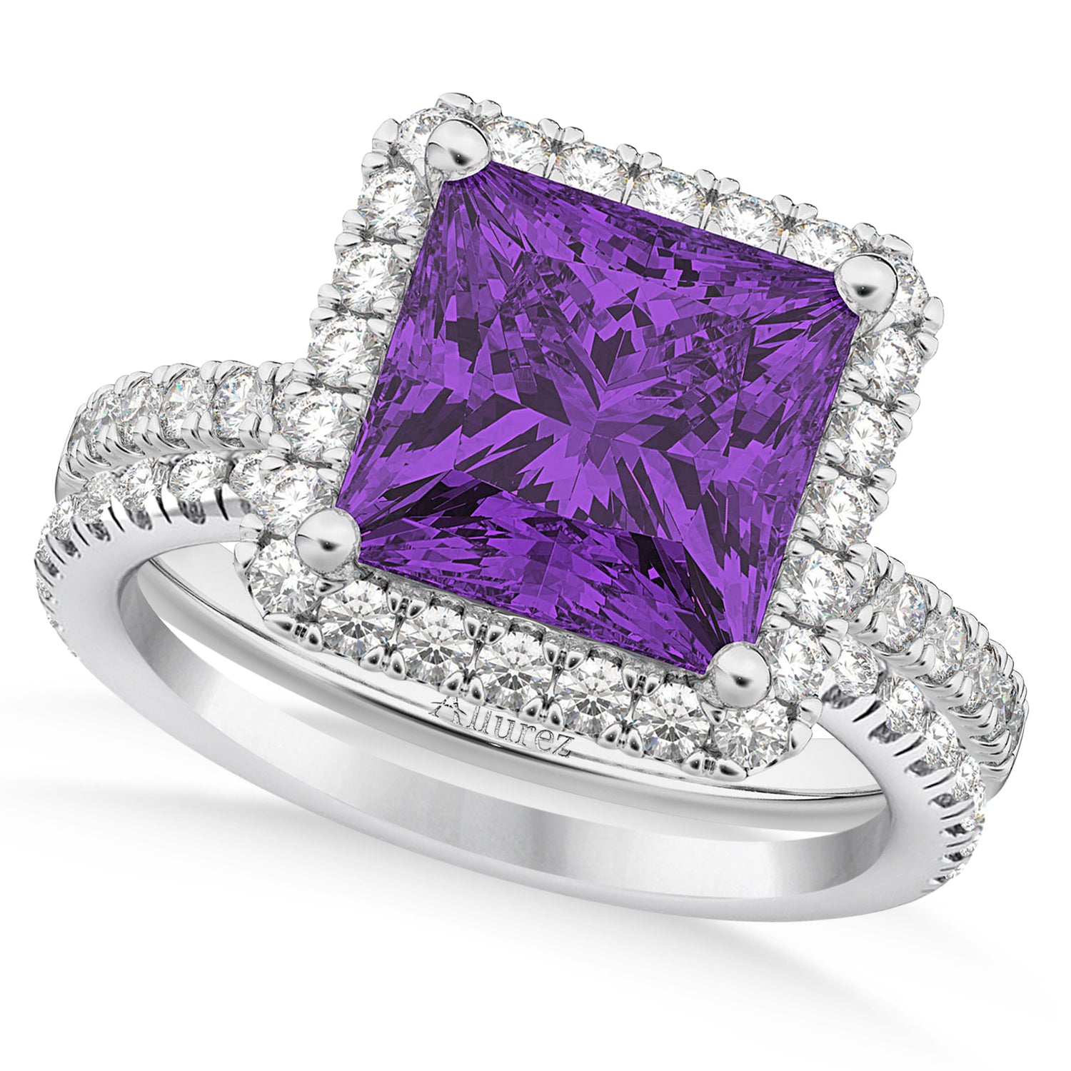 Halo Diamond & Princess Cut Amethyst Bridal Set in 14k White Gold (3.74ct) Top View