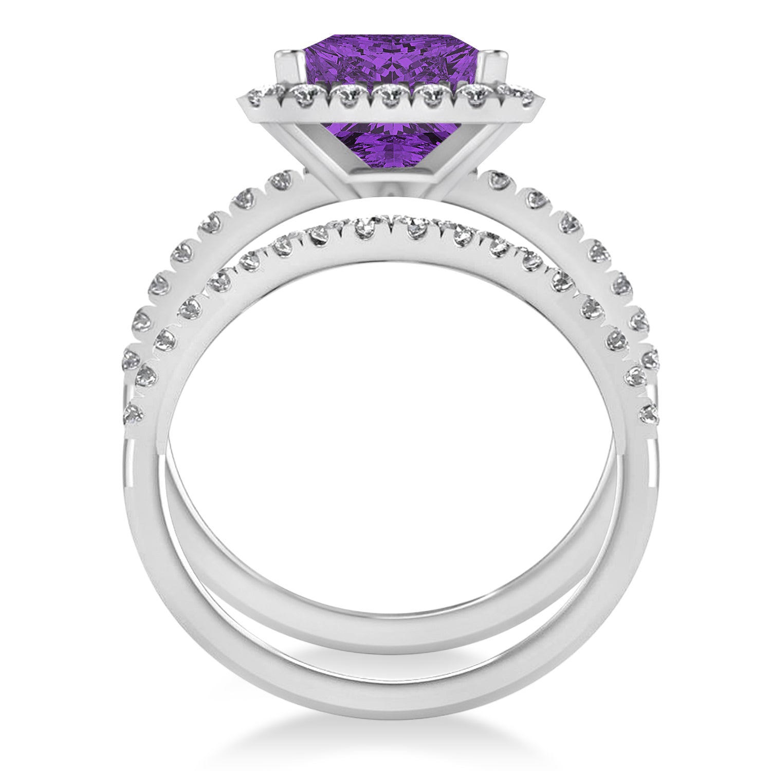 Halo Diamond & Princess Cut Amethyst Bridal Set in 14k White Gold (3.74ct) Front View