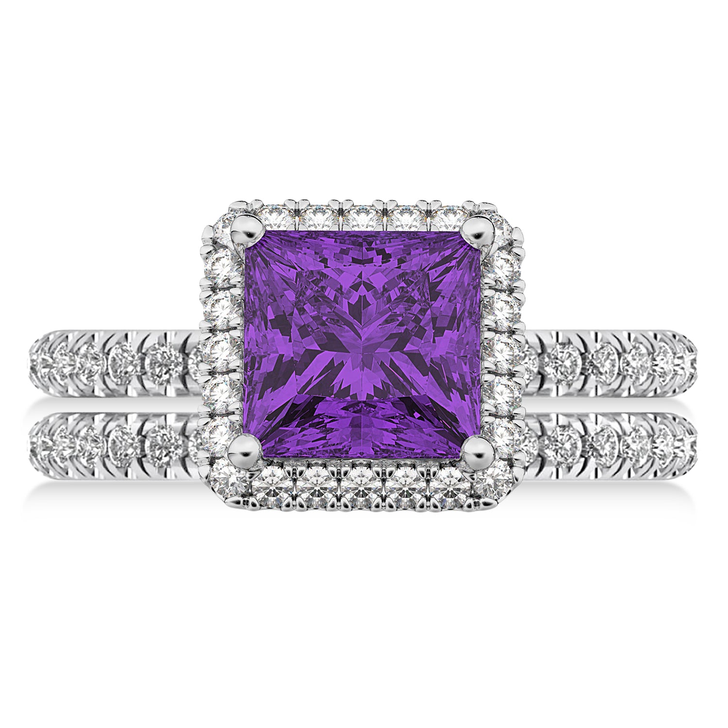 Halo Diamond & Princess Cut Amethyst Bridal Set in 14k White Gold (3.74ct) Flat View