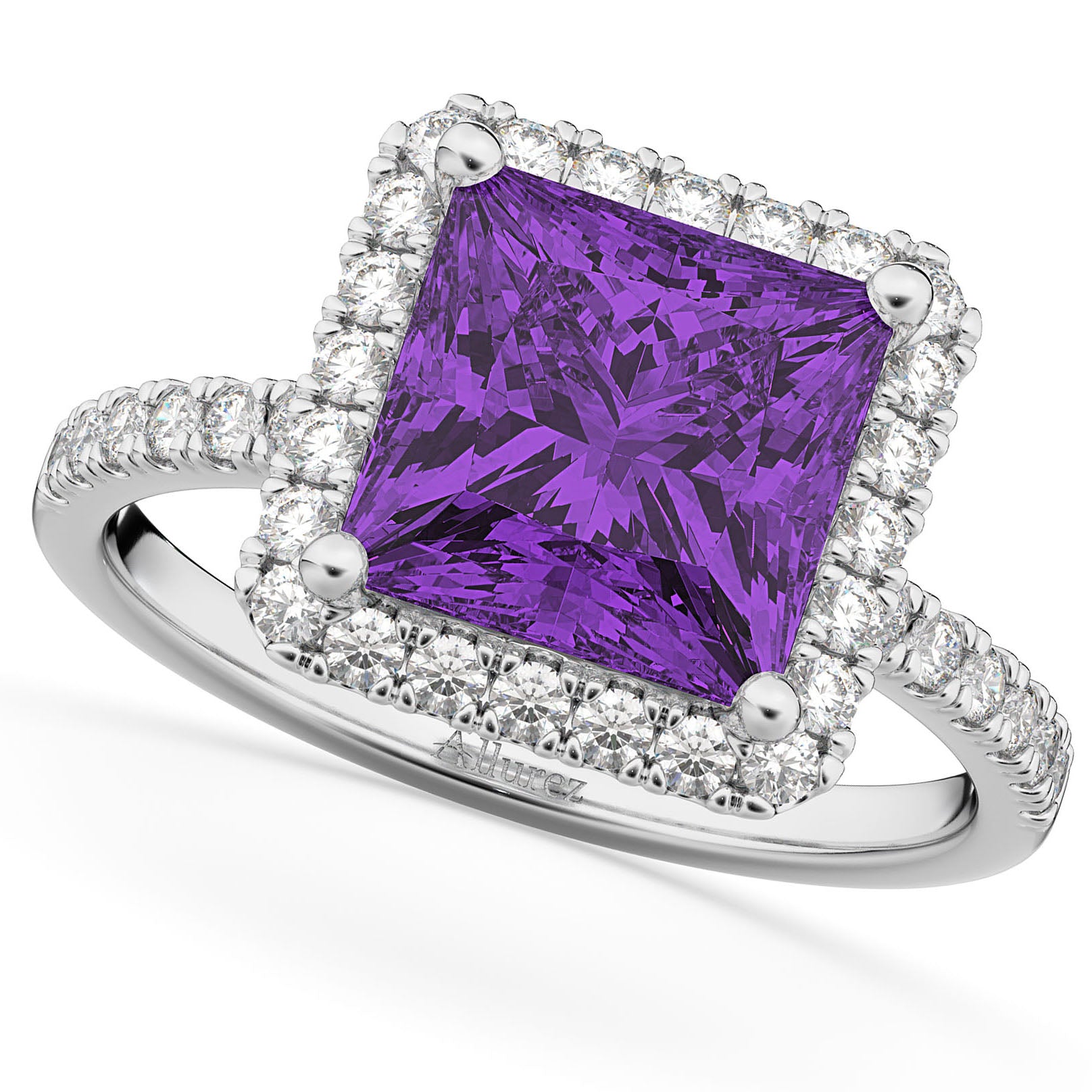 Halo Diamond & Princess Cut Amethyst Bridal Set in 14k White Gold (3.74ct) Top View 2