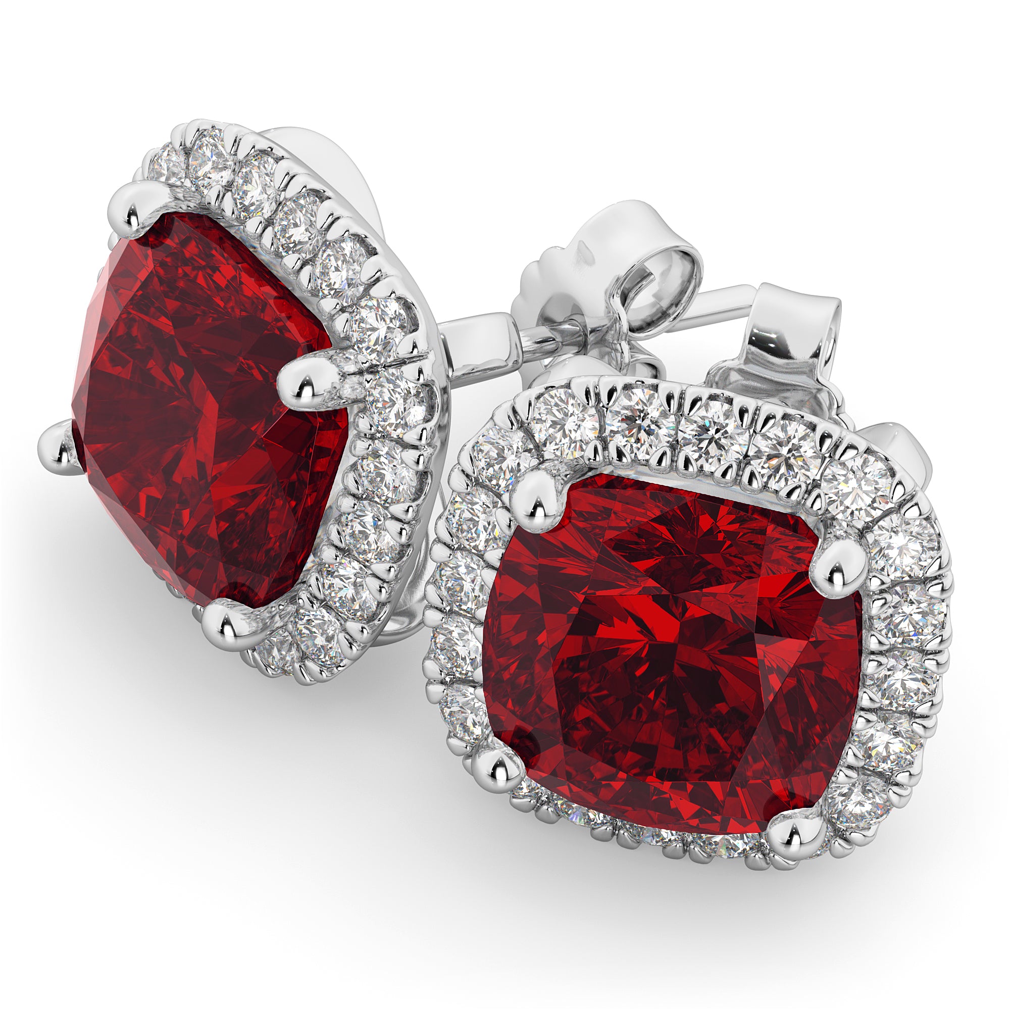 Halo Lab Diamond & Cushion Ruby Earrings in 14k White Gold (4.04ct) Top View