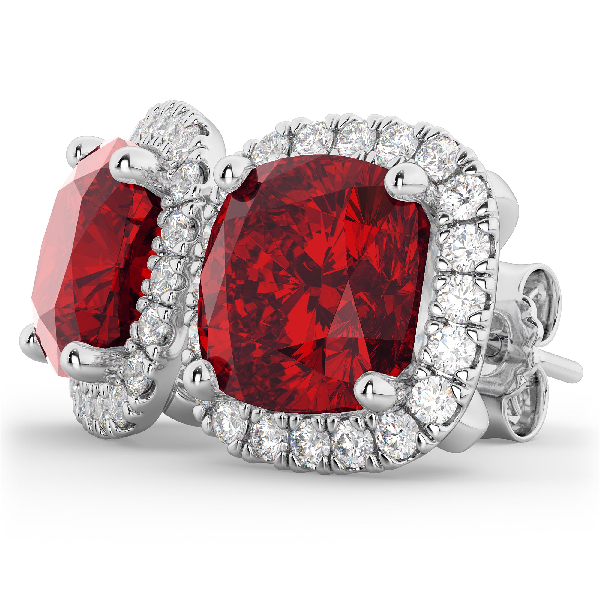 Halo Lab Diamond & Cushion Ruby Earrings in 14k White Gold (4.04ct) Side View