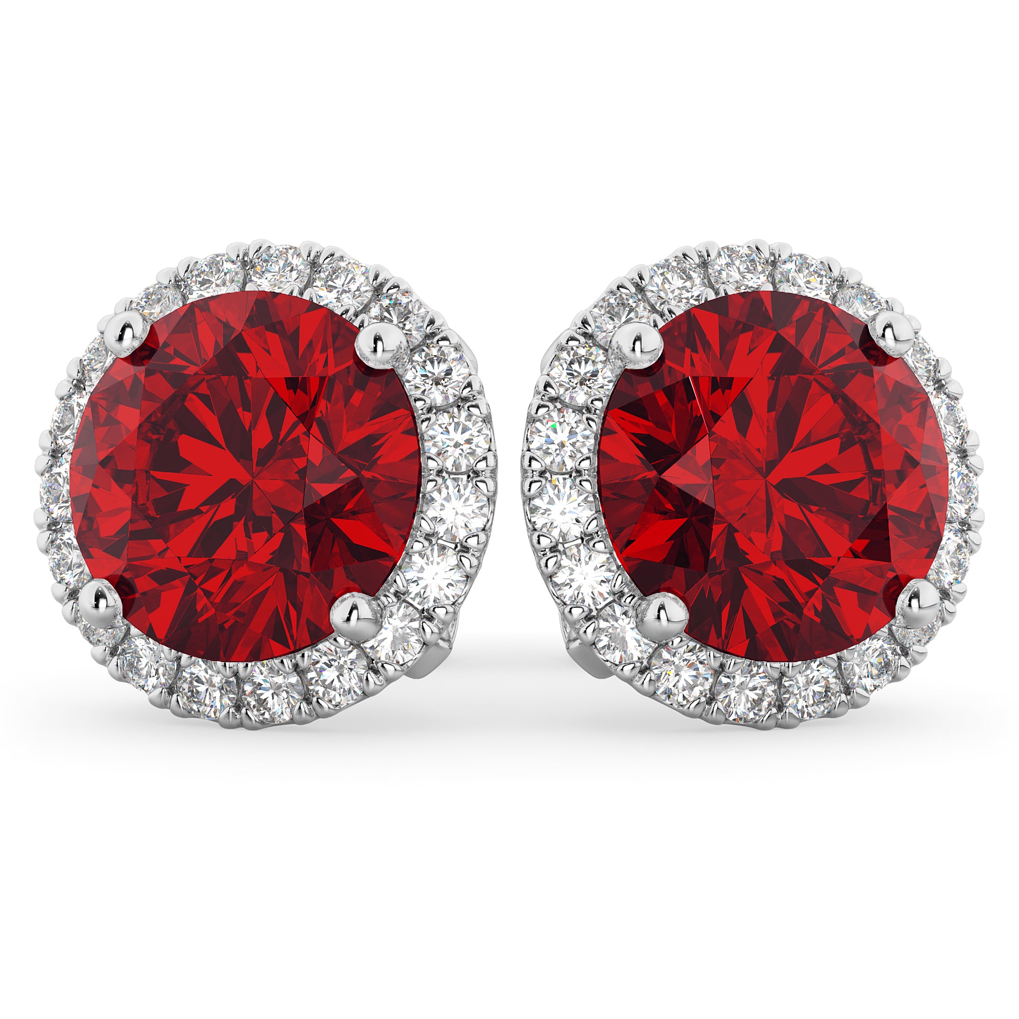 Halo Round Lab Ruby & Diamond Earrings in 14k White Gold (5.17ct) Front View