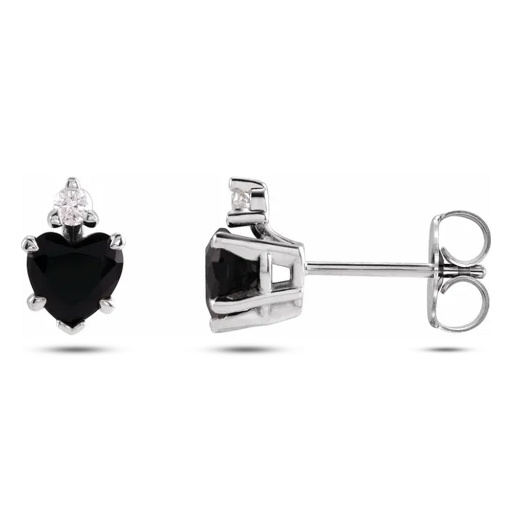 Heart Black Onyx & Diamond Stud Earrings in 14K White Gold | Elegant Dark Gemstone Earrings for Women (0.41ctw) front and side view