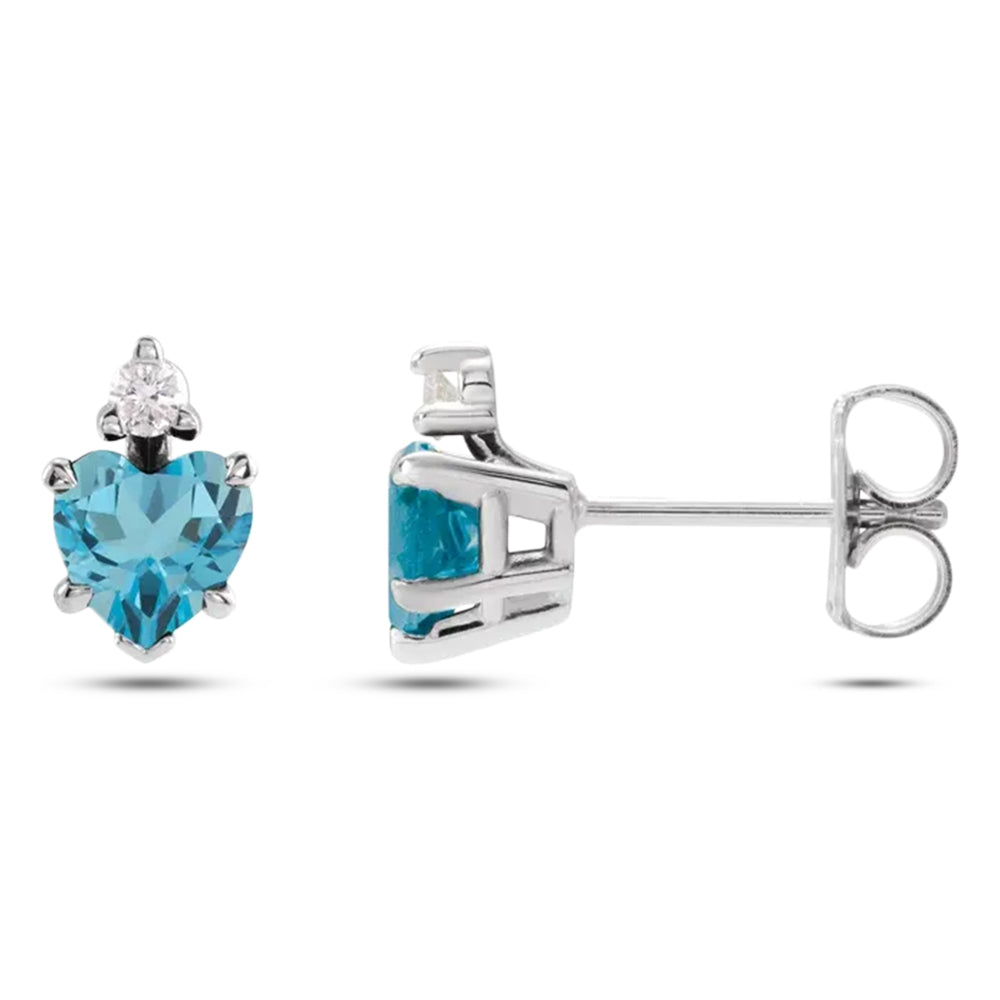 heart shaped diamond and blue topaz earrings front and side view