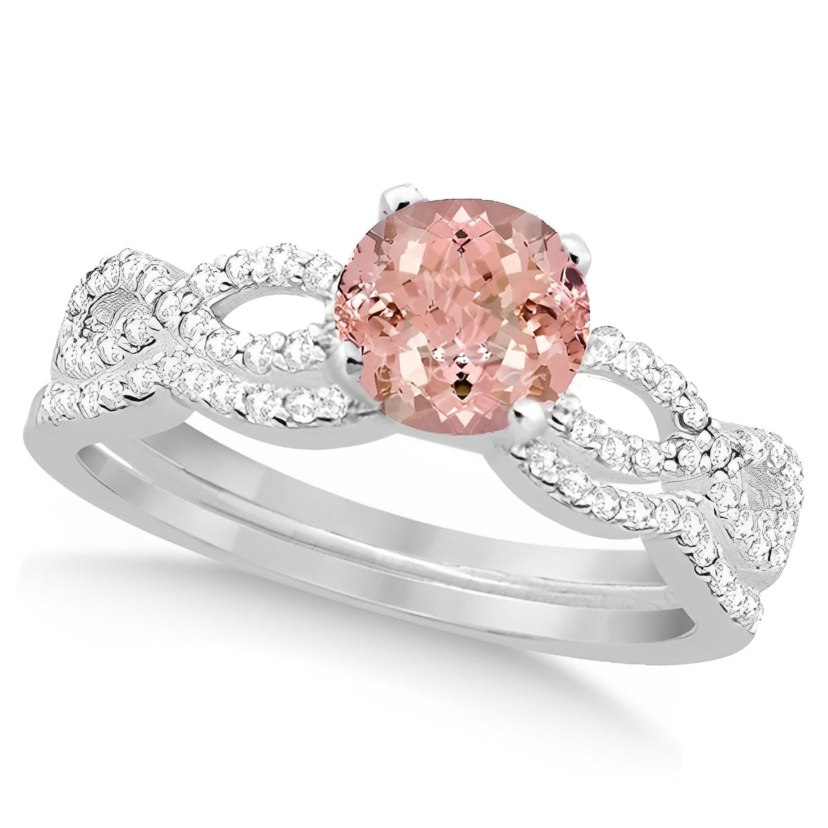 Infinity Diamond & Morganite Ring Bridal Set in 14k White Gold (1.29ct) Top View