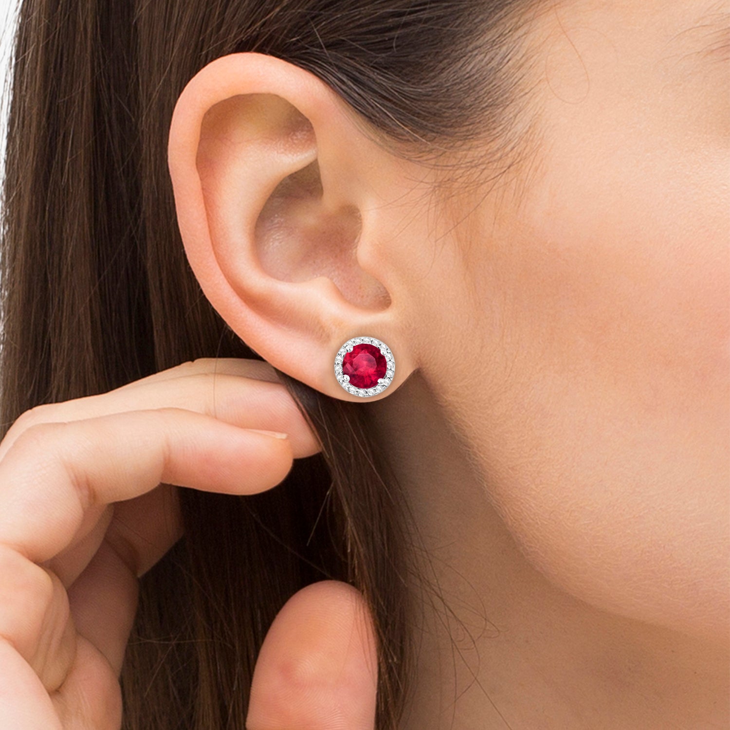 Diamond Halo & Ruby Stud Earrings in Sterling Silver 2.27ct on Woman