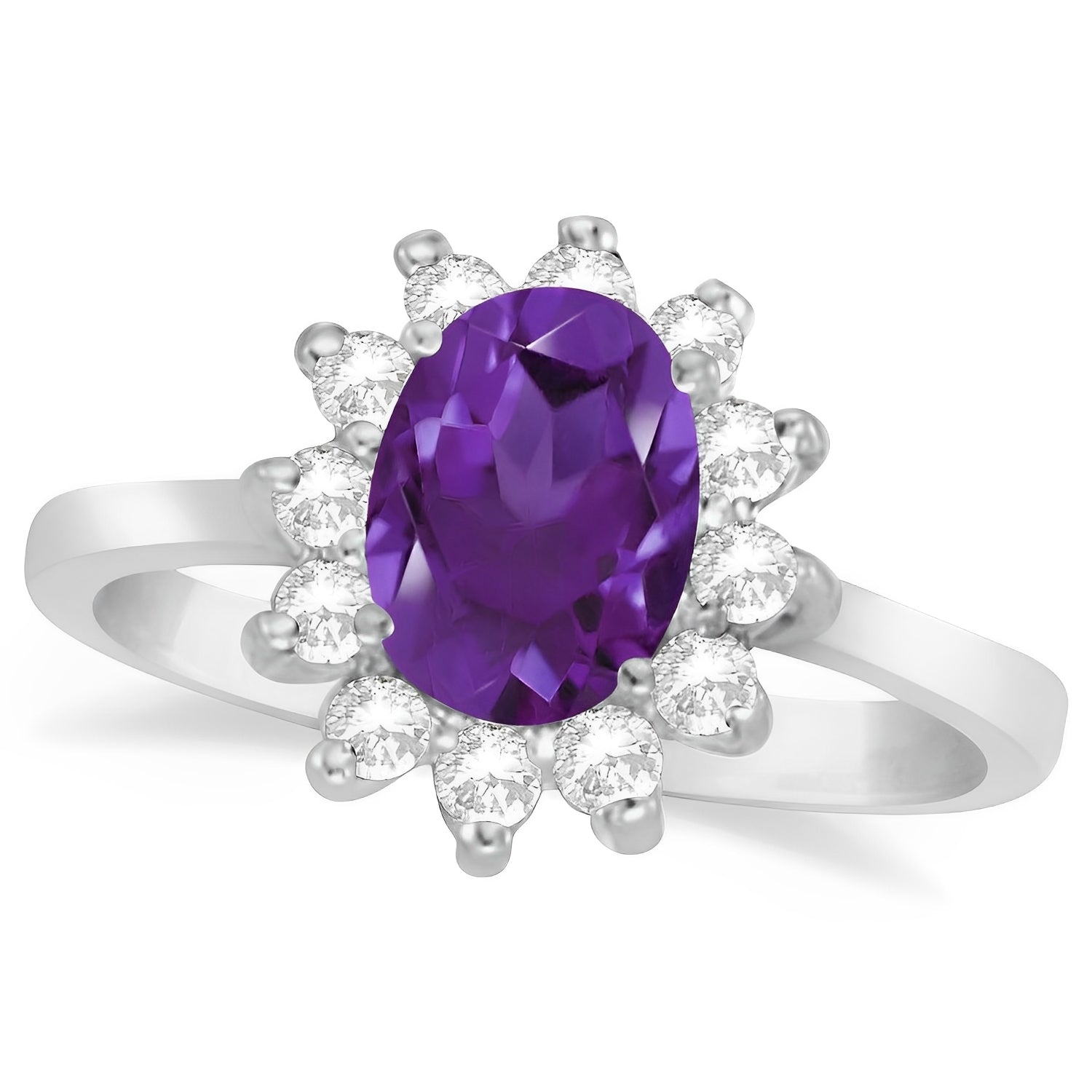 Lady Diana Halo Diamond & Oval Amethyst Ring in 14k White Gold Top View