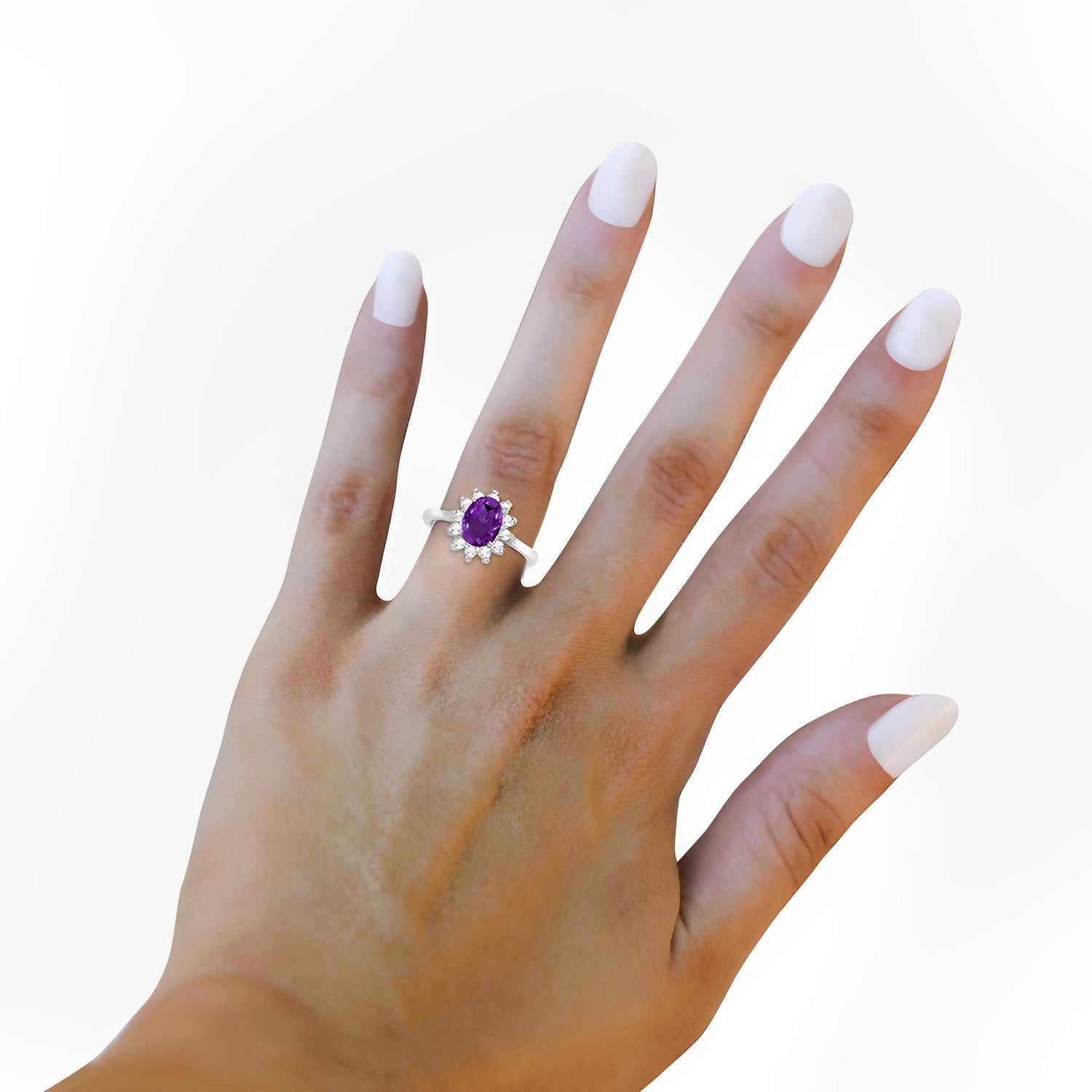 Lady Diana Halo Diamond & Oval Amethyst Ring in 14k White Gold when Worn