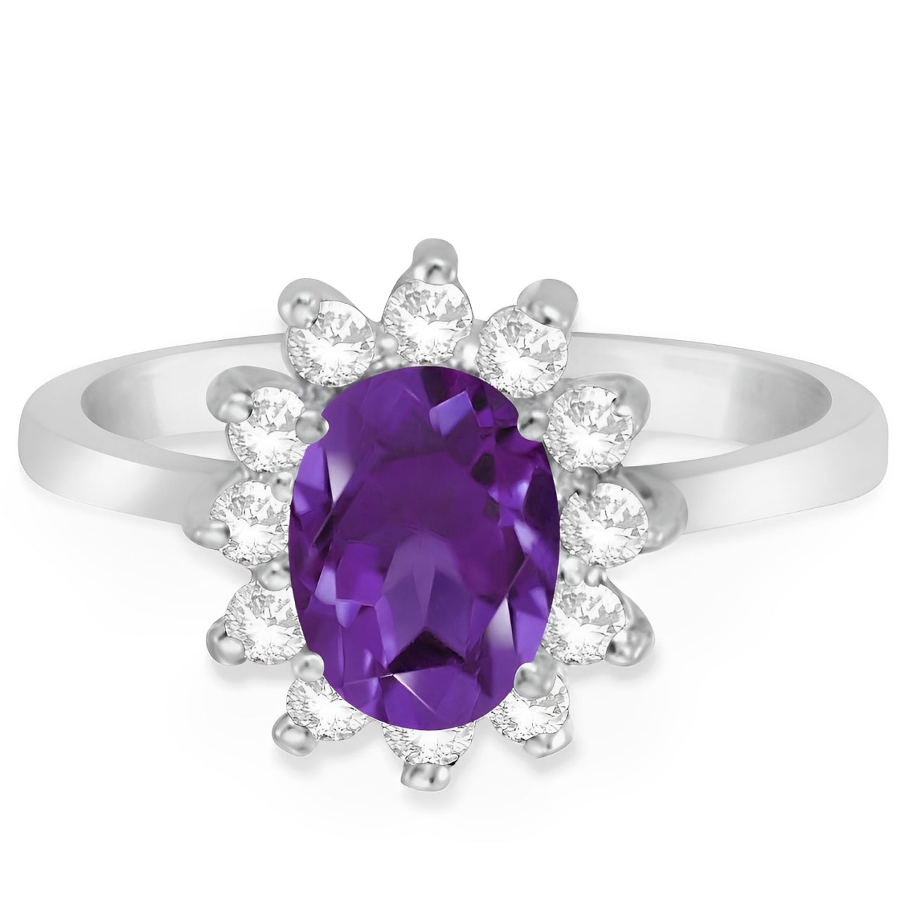 Lady Diana Halo Diamond & Oval Amethyst Ring in 14k White Gold Flat View