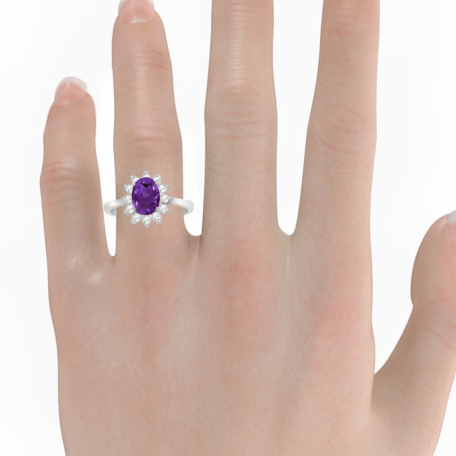 Lady Diana Halo Diamond & Oval Amethyst Ring in 14k White Gold when Worn 2