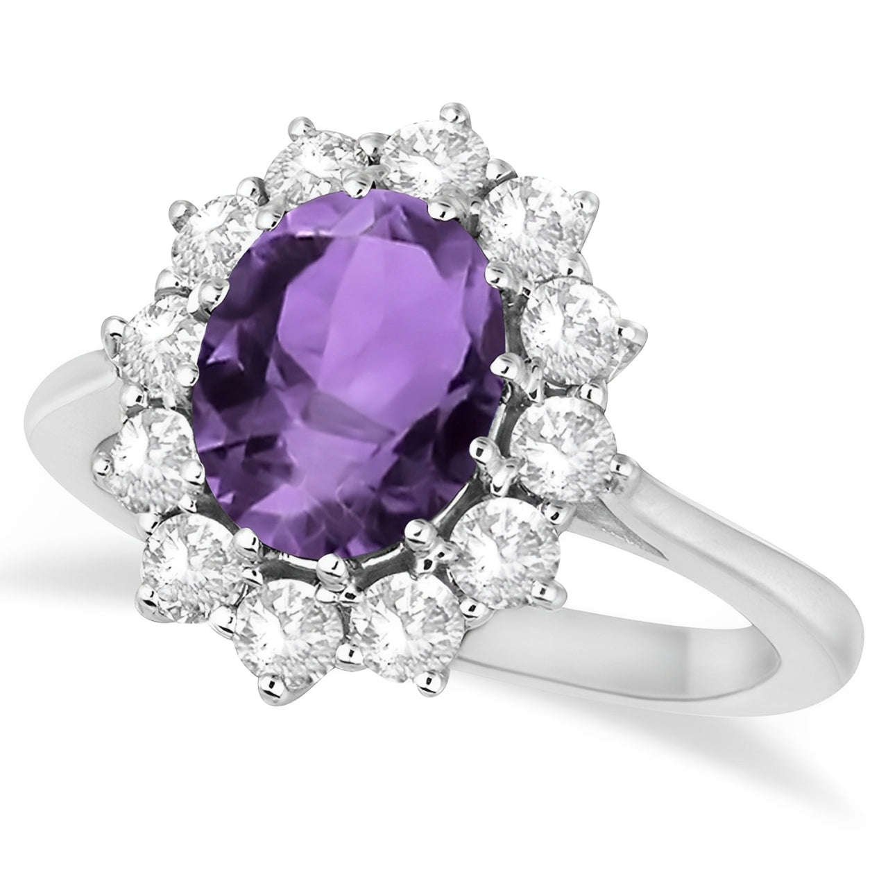 Lady Diana Halo Diamond & Oval Amethyst Ring in 14k White Gold Side View