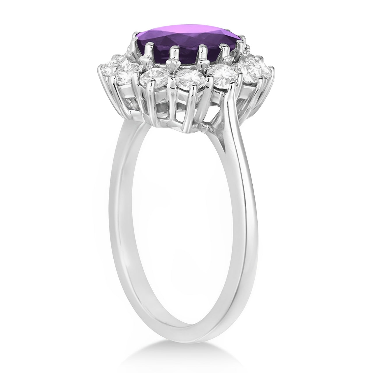 Lady Diana Halo Diamond & Oval Amethyst Ring in 14k White Gold Side View 2