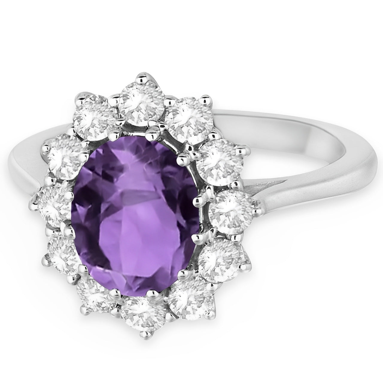 Lady Diana Halo Diamond & Oval Amethyst Ring in 14k White Gold Flat View 2