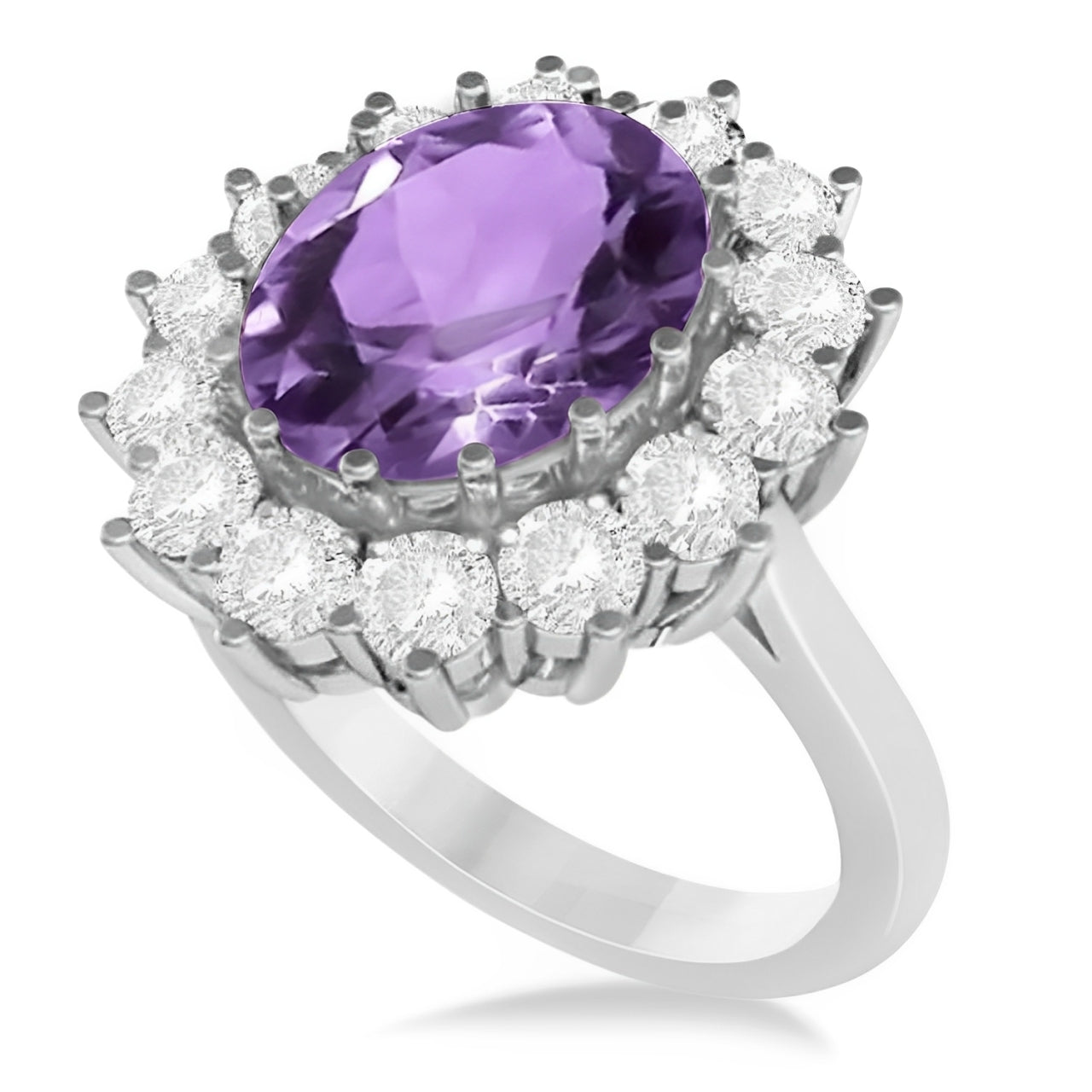 Lady Diana Halo Diamond & Oval Amethyst Ring in 14k White Gold Top View 2