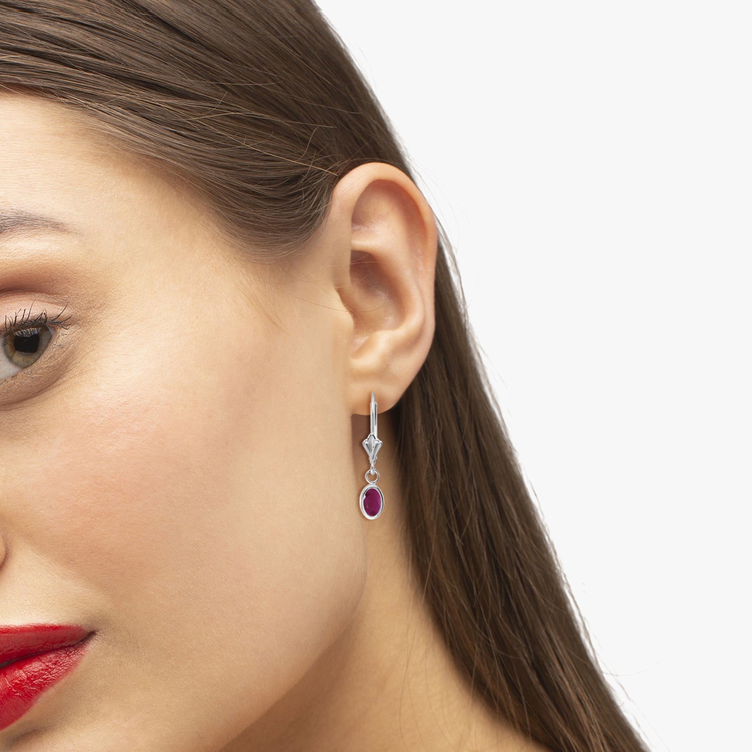 Lever-back Oval Ruby Drop Earrings in 14K White Gold (1.20ct) on Woman