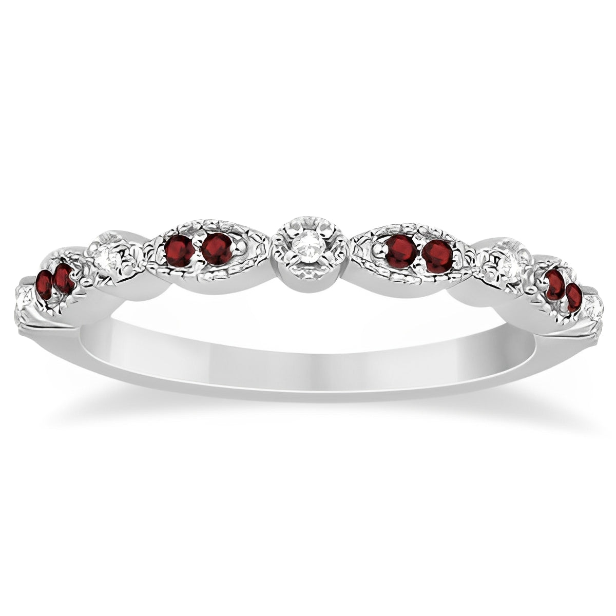 Marquise & Dot Diamond and Garnet Ring in 14k White Gold (0.25ct) Flat View