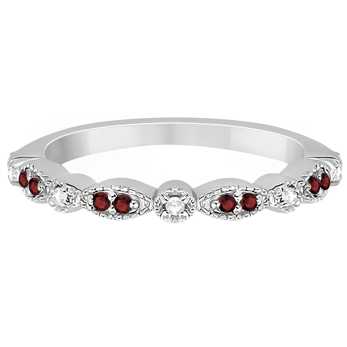 Marquise & Dot Diamond and Garnet Ring in 14k White Gold (0.25ct) Flat View 2