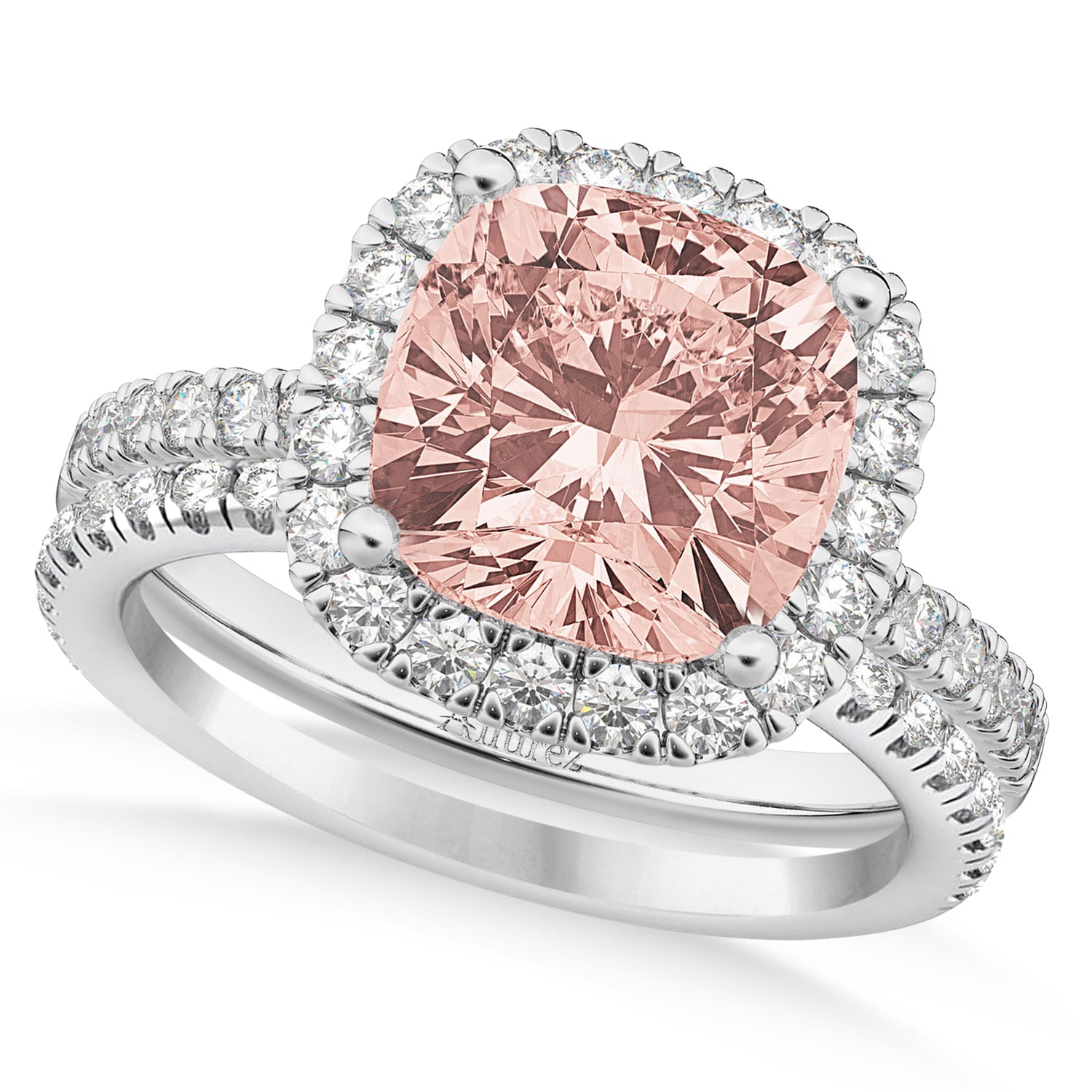 Morganite & Diamonds Cushion-Cut Halo Bridal Set in 14k White Gold (3.38ct) Top View