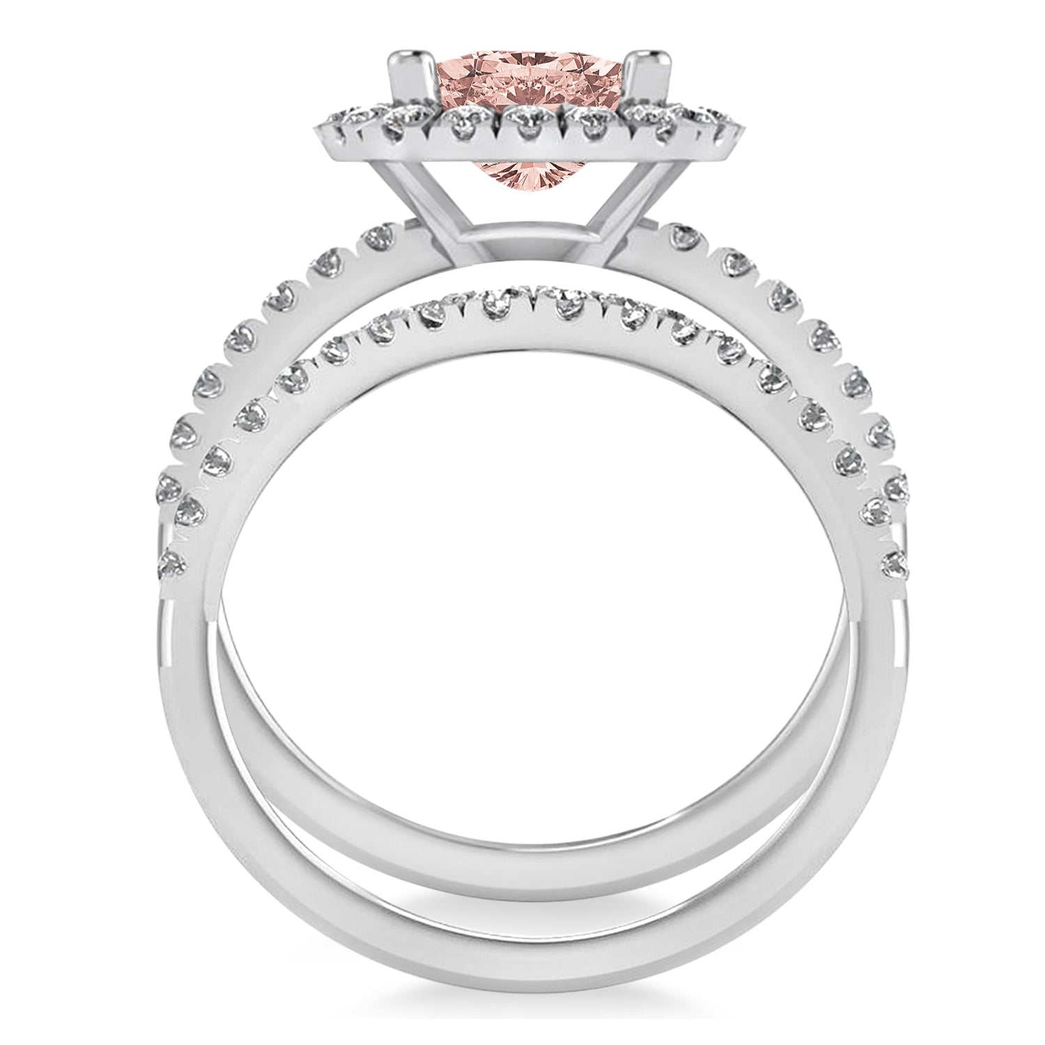 Morganite & Diamonds Cushion-Cut Halo Bridal Set in 14k White Gold (3.38ct) Front View