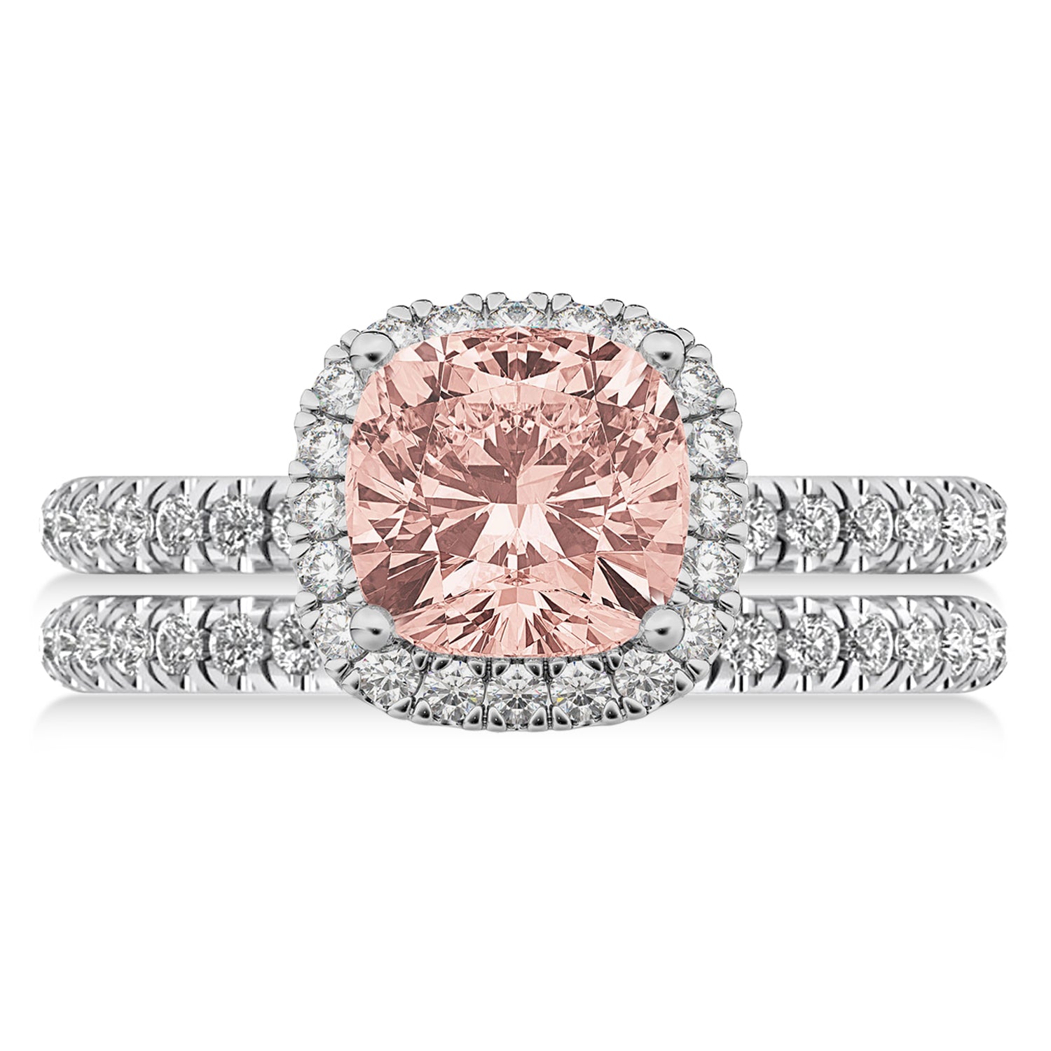 Morganite & Diamonds Cushion-Cut Halo Bridal Set in 14k White Gold (3.38ct) Flat View