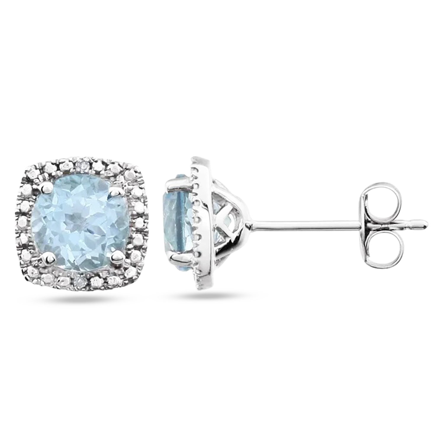 diamond and sky blue topaz earrings front and side view