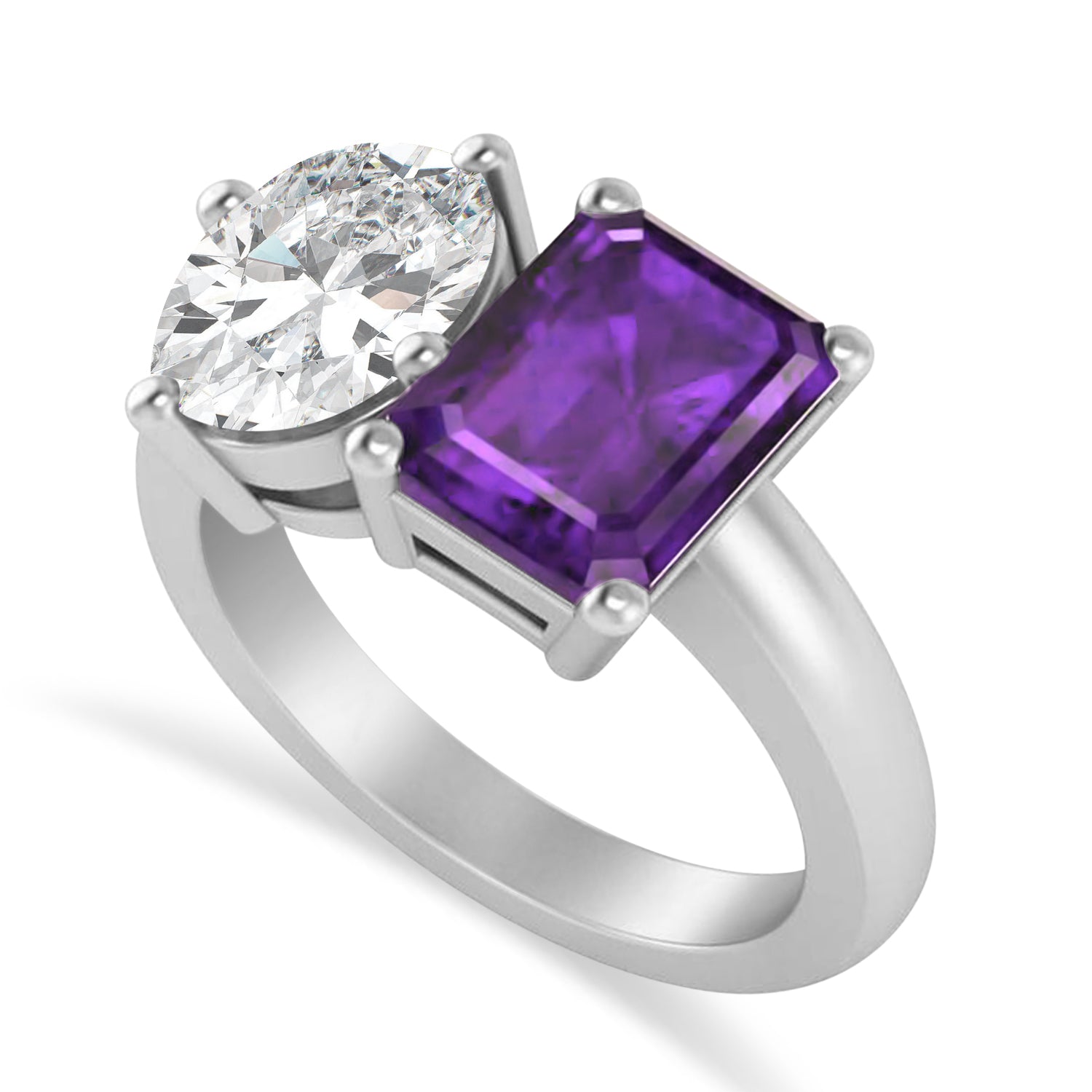 Oval Diamond & Emerald Amethyst "Me & You" Ring in 14k White Gold (5.50ct) Top View