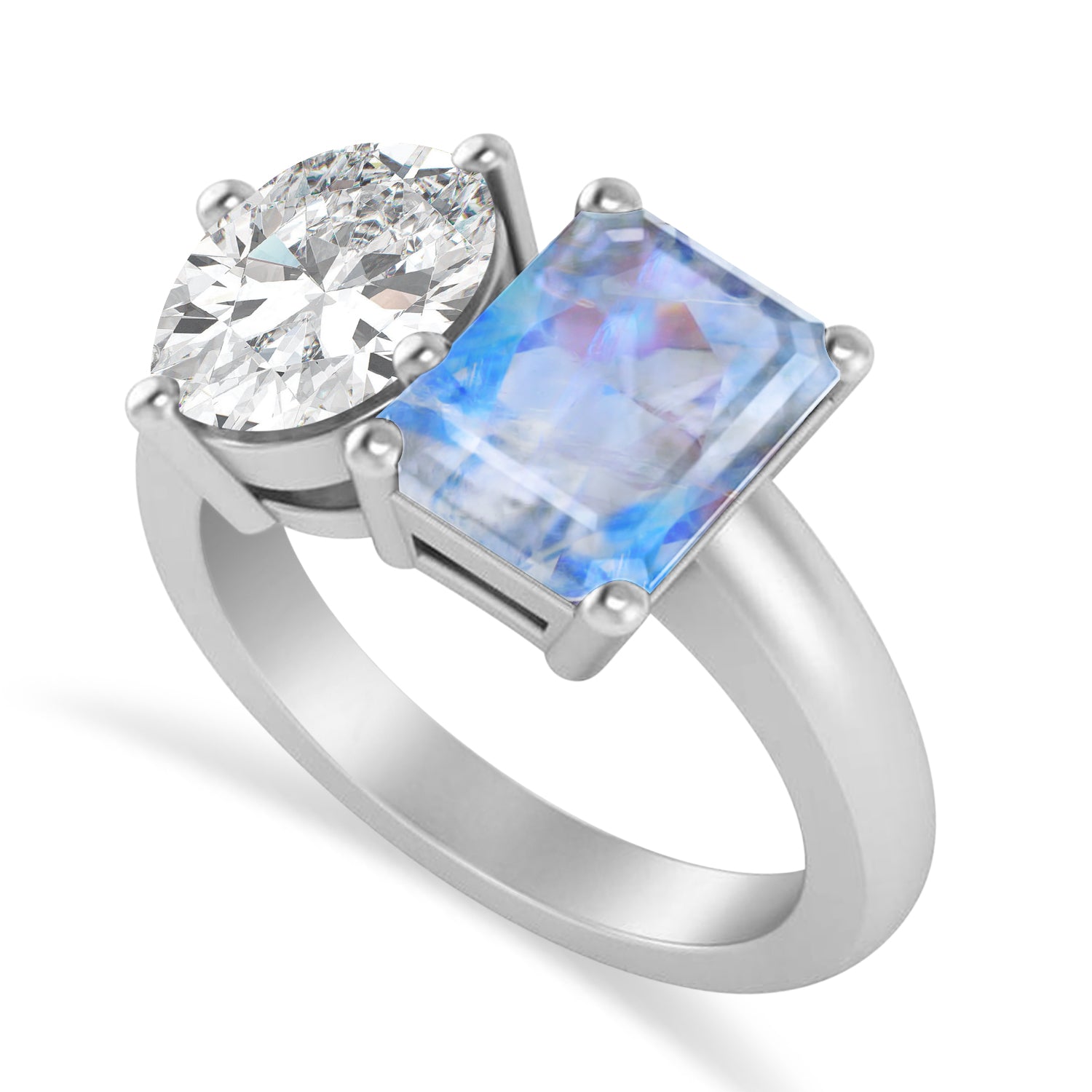Oval Diamond & Emerald Moonstone "You & Me" Ring in 14k White Gold (5.50ct) Top View