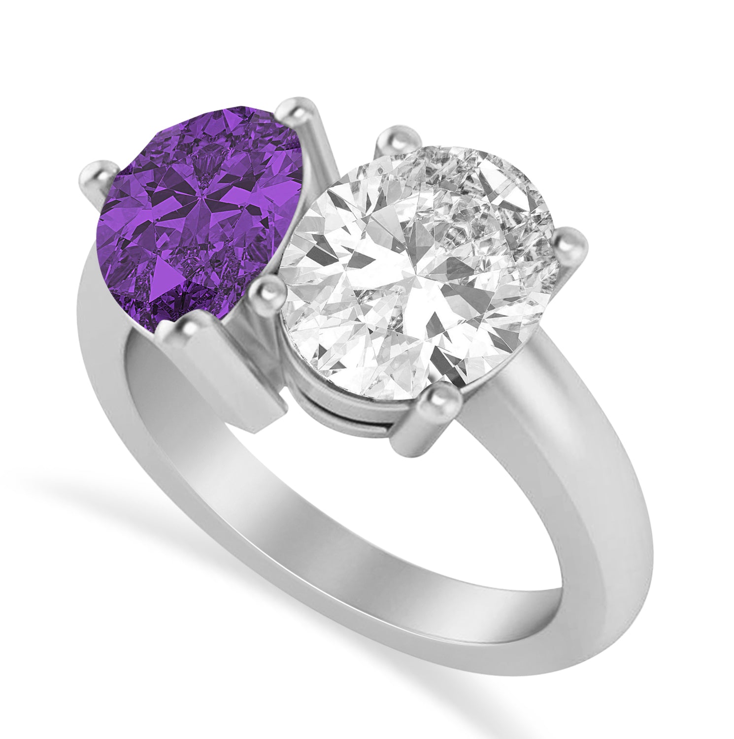 Oval Diamond & Pear Amethyst "Me & You" Ring in 14k White Gold (6.00ct) Top View