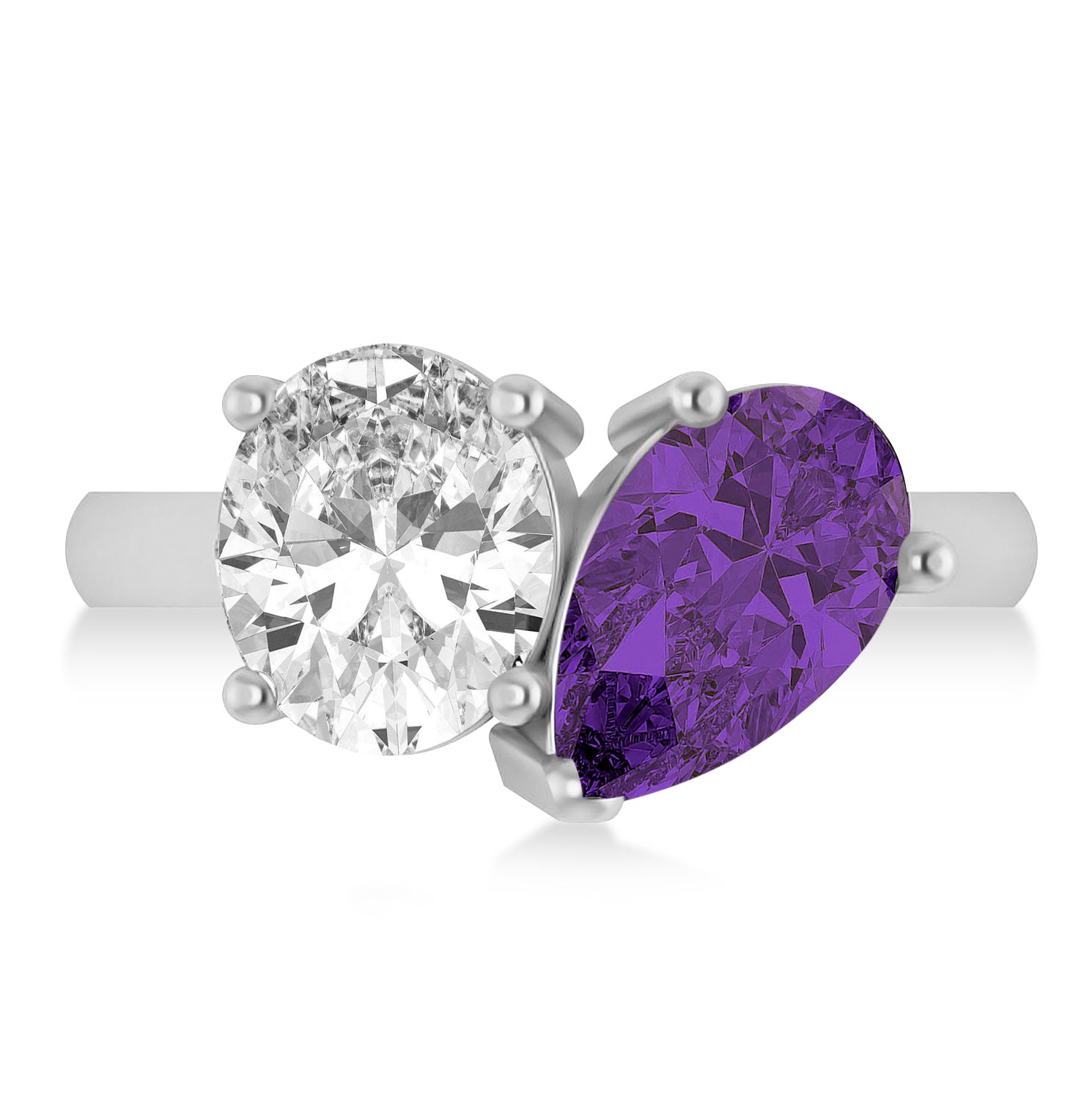 Oval Diamond & Pear Amethyst "Me & You" Ring in 14k White Gold (6.00ct) Flat View