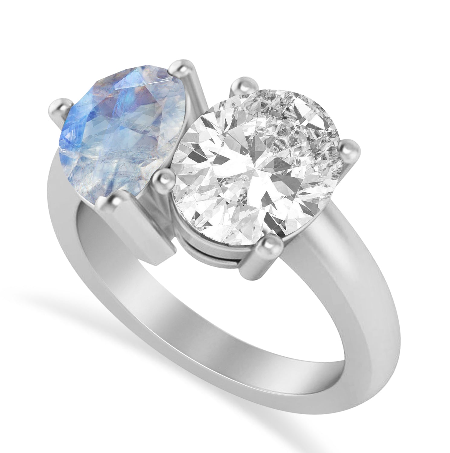 Oval Diamond & Pear Moonstone "You & Me" Ring 14k in White Gold (6.00ct) Top View