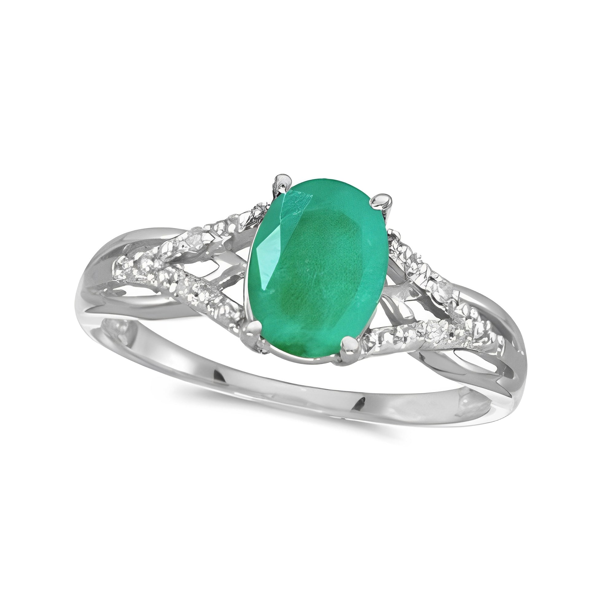 Oval Emerald and Diamond Cocktail Ring 14K White Gold (1.12tcw) Top View 2
