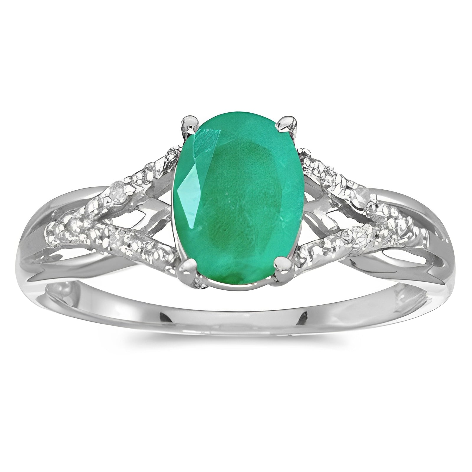 Oval Emerald and Diamond Cocktail Ring 14K White Gold (1.12tcw) Top View