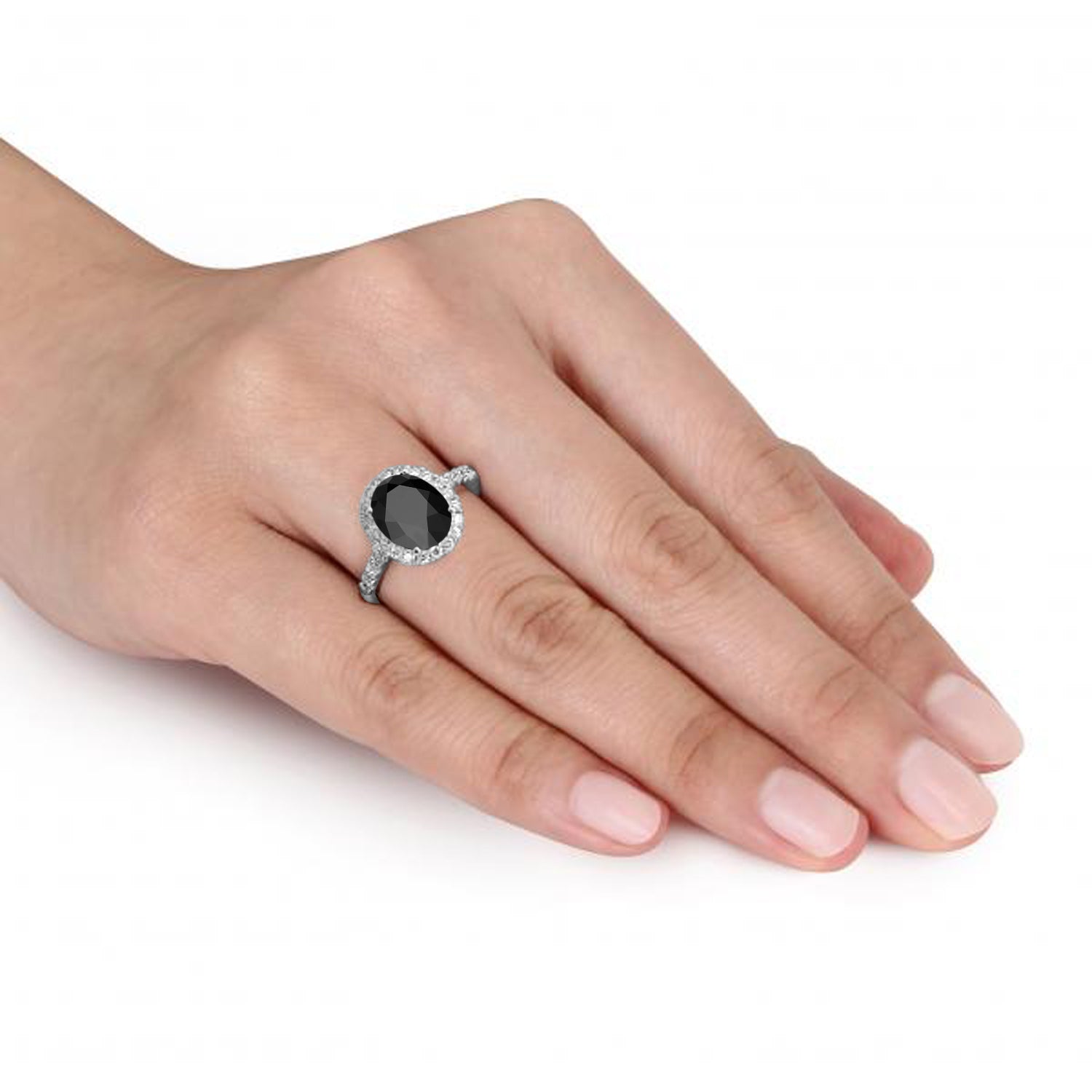 Oval Onyx & Diamond Halo Engagement Ring in 14K White Gold (3.02ct) – Bold Black Gemstone Royal-Inspired Design when worn