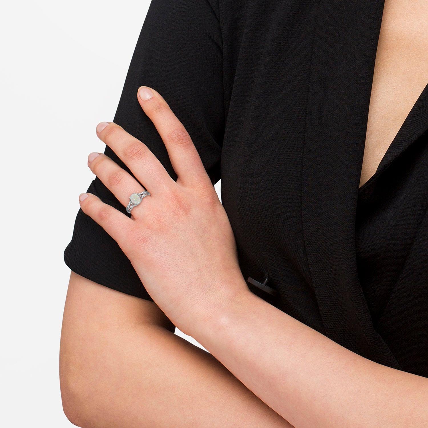 Oval Opal and Diamond Cocktail Ring 14K White Gold (0.70ct) when worn