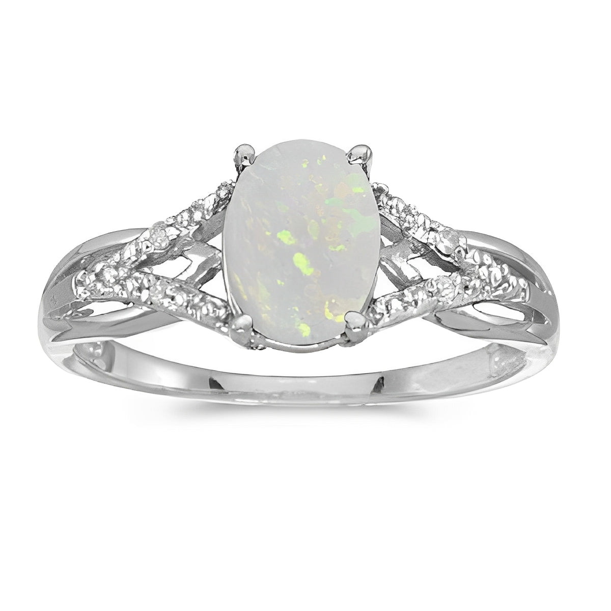 Oval Opal and Diamond Cocktail Ring 14K White Gold (0.70ct) Top View 2