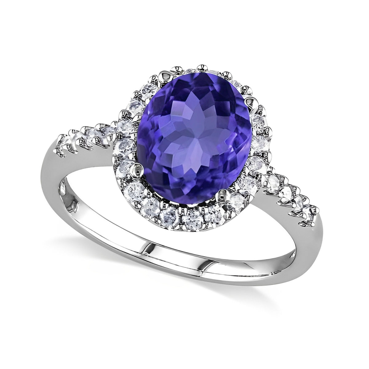 Oval Tanzanite & Diamond Halo Engagement Ring in 14K White Gold (3.57ct) – Royal-Inspired Purple Gemstone Ring top view