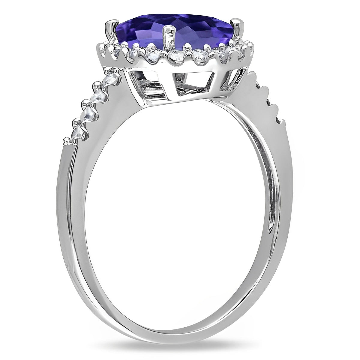 Oval Tanzanite & Diamond Halo Engagement Ring in 14K White Gold (3.57ct) – Royal-Inspired Purple Gemstone Ring front view