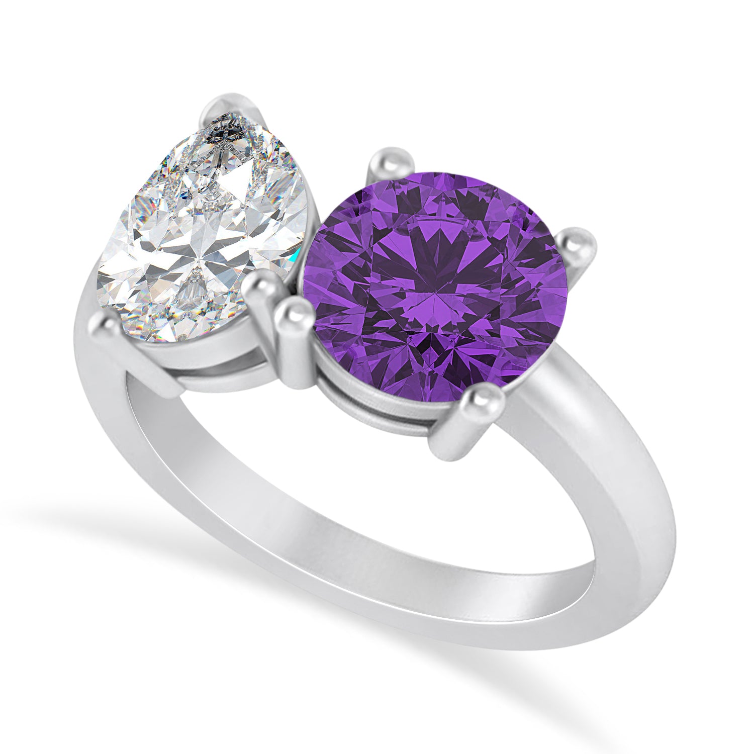 Pear Diamond & Round Amethyst "Me & You" Ring in 14k White Gold (4.00ct) Top View
