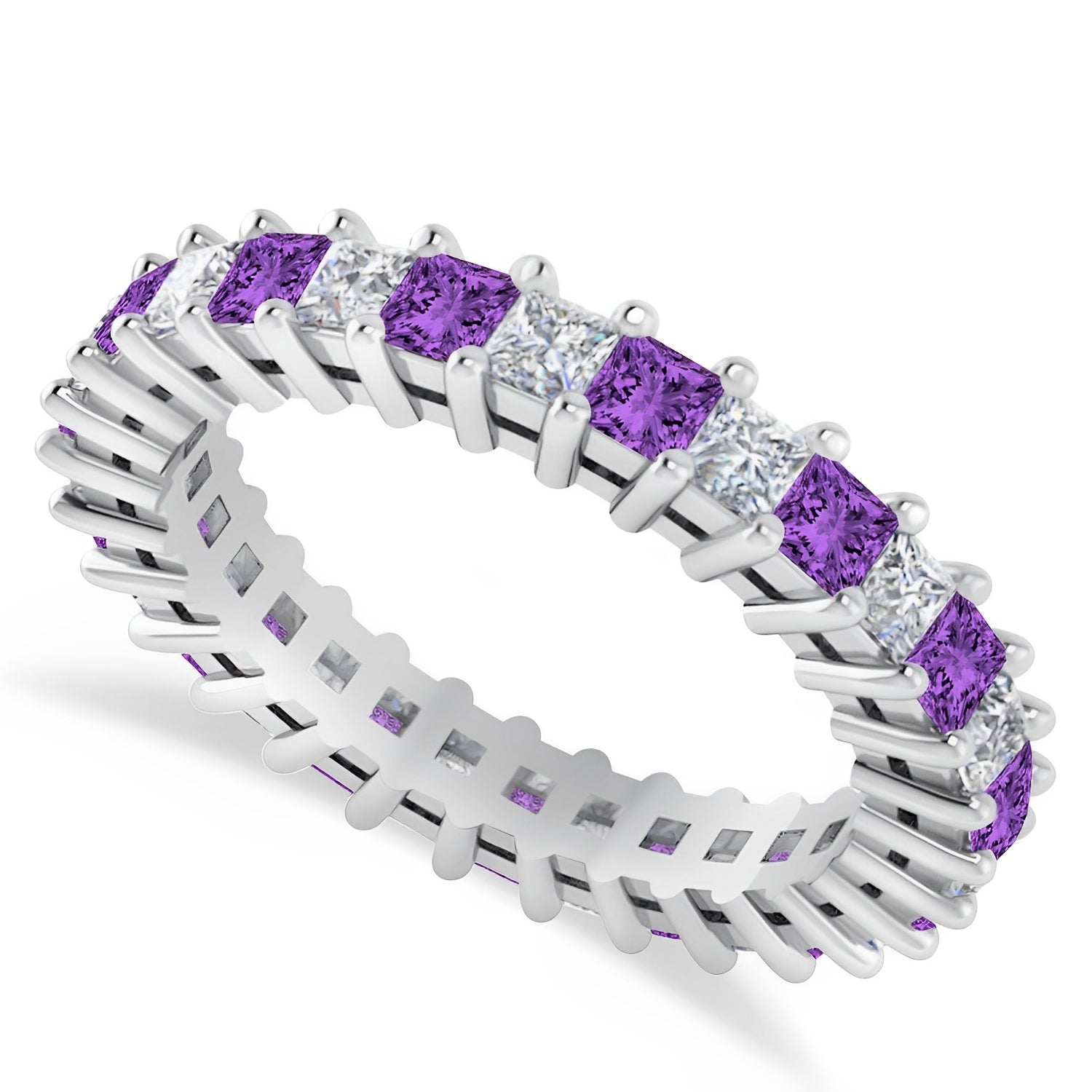 Princess Cut Diamond & Amethyst Wedding Band in 14k White Gold Top View